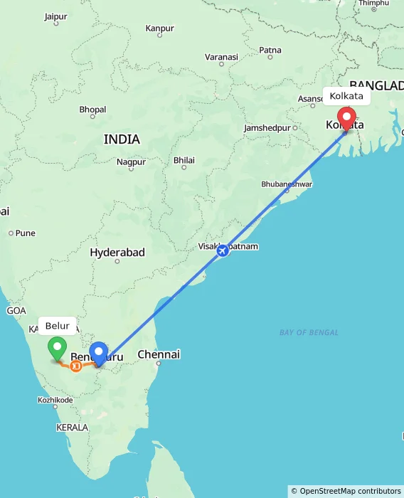 Route map showing distance and travel time from Belur, India to Kolkata, India