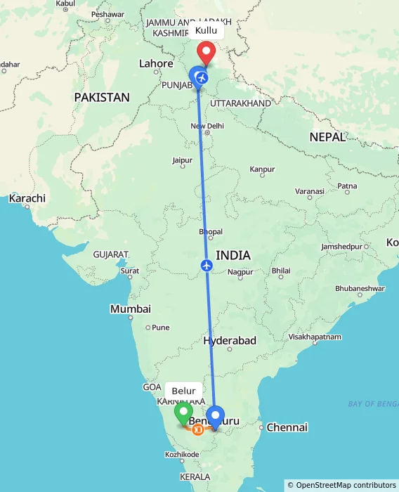 Route map showing distance and travel time from Belur, India to Kullu, India