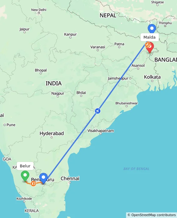 Route map showing distance and travel time from Belur, India to Malda, India
