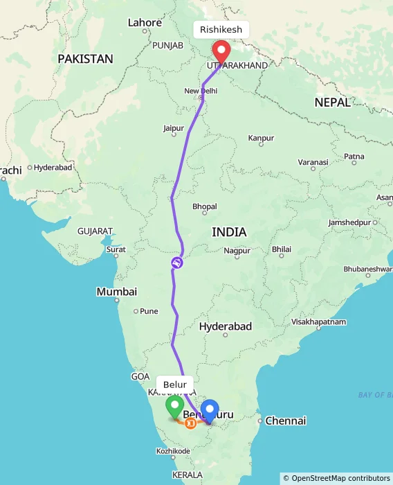 Route map showing distance and travel time from Belur, India to Rishikesh, India