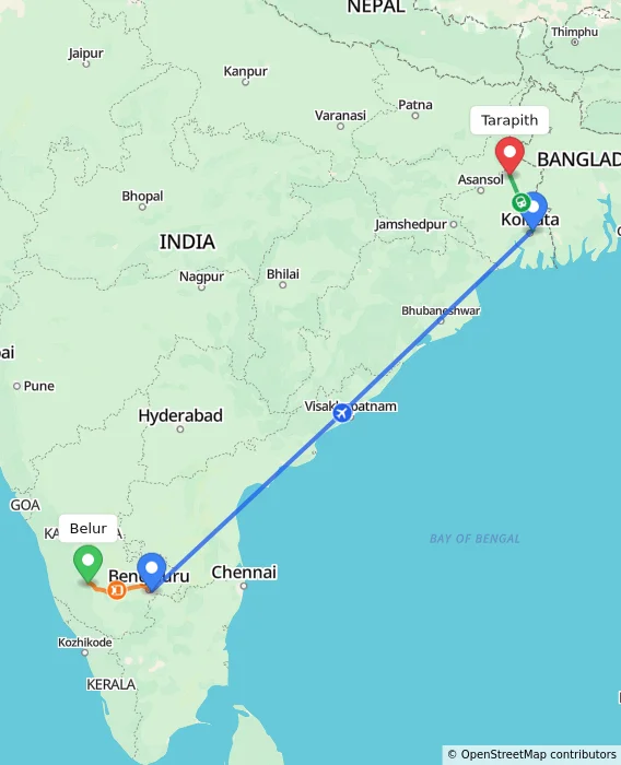 Route map showing distance and travel time from Belur, India to Tarapith, India
