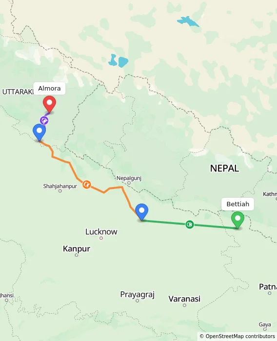 Route map showing distance and travel time from Bettiah, India to Almora, India