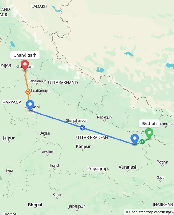 Route map showing distance and travel time from Bettiah, India to Chandigarh, India