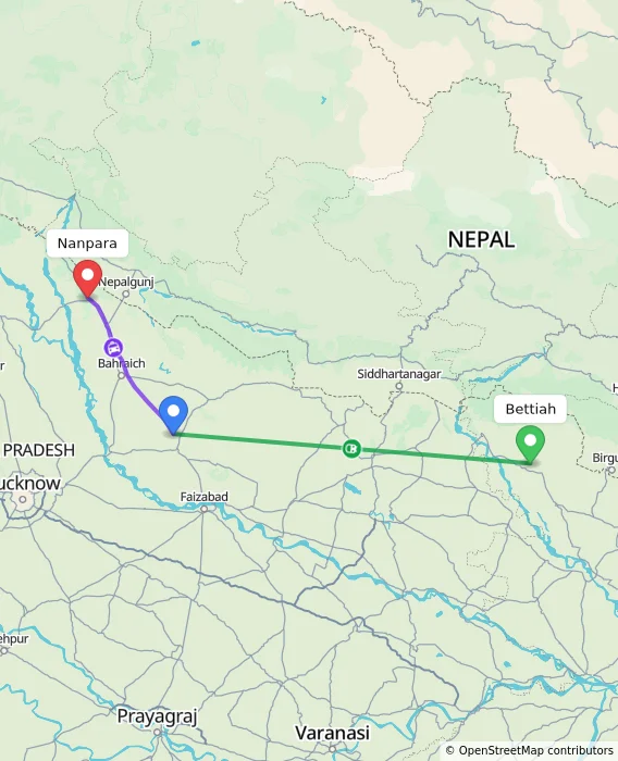 Route map showing distance and travel time from Bettiah, India to Nanpara, India