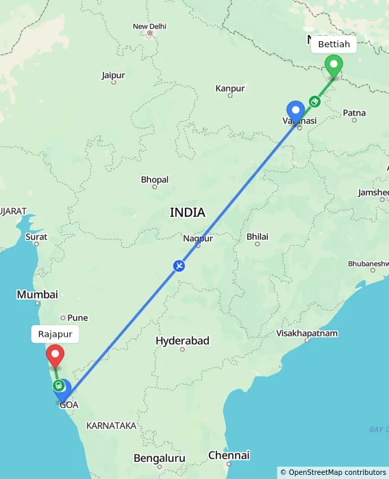Route map showing distance and travel time from Bettiah, India to Rajapur, India