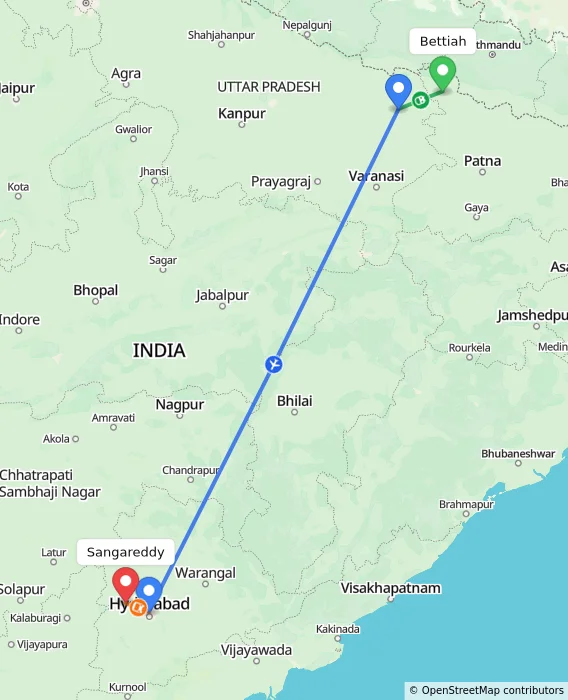 Route map showing distance and travel time from Bettiah, India to Sangareddy, India