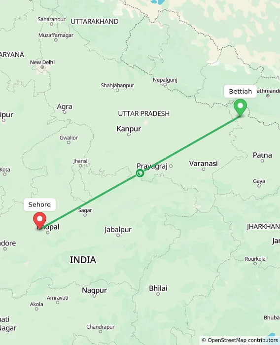 Route map showing distance and travel time from Bettiah, India to Sehore, India