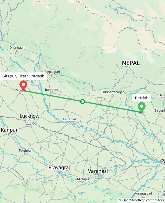 Route map showing distance and travel time from Bettiah, India to Sitapur, Uttar Pradesh, India