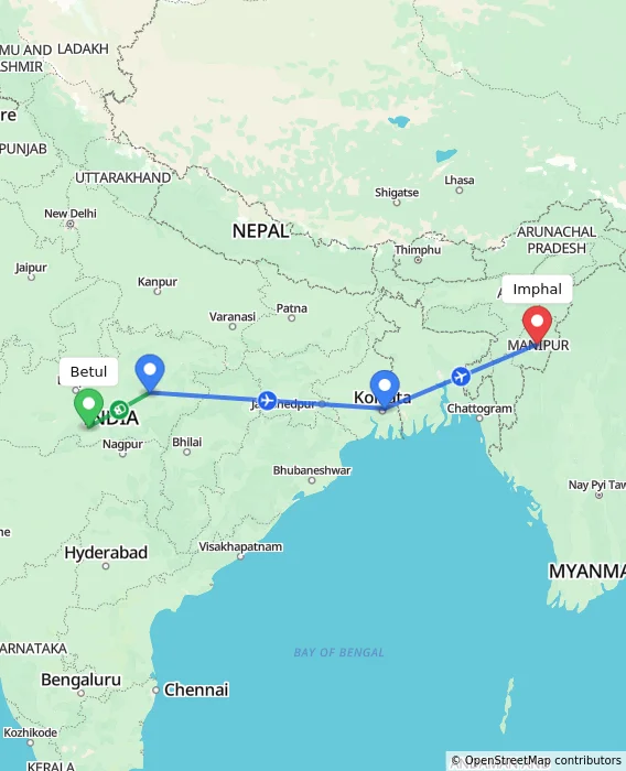 Route map showing distance and travel time from Betul, India to Imphal, India