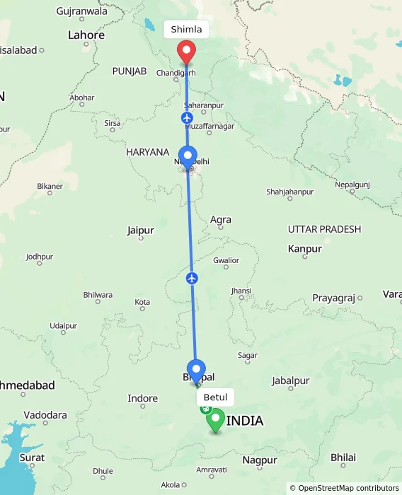 Route map showing distance and travel time from Betul, India to Shimla, India