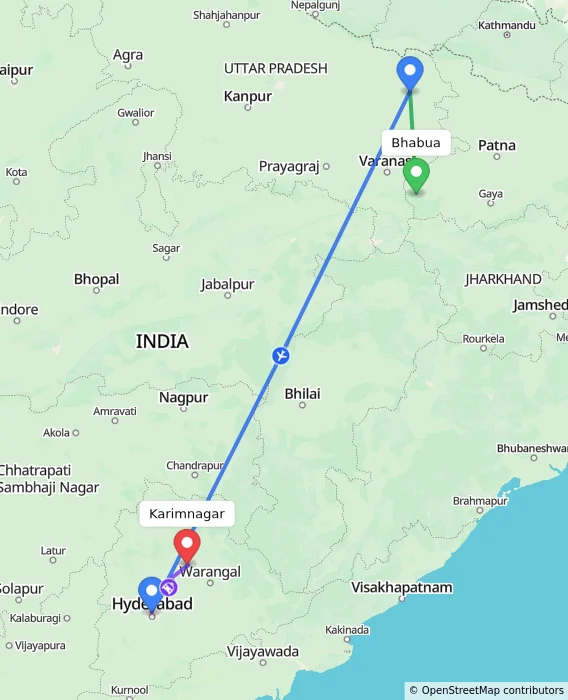 Route map showing distance and travel time from Bhabua, India to Karimnagar, India