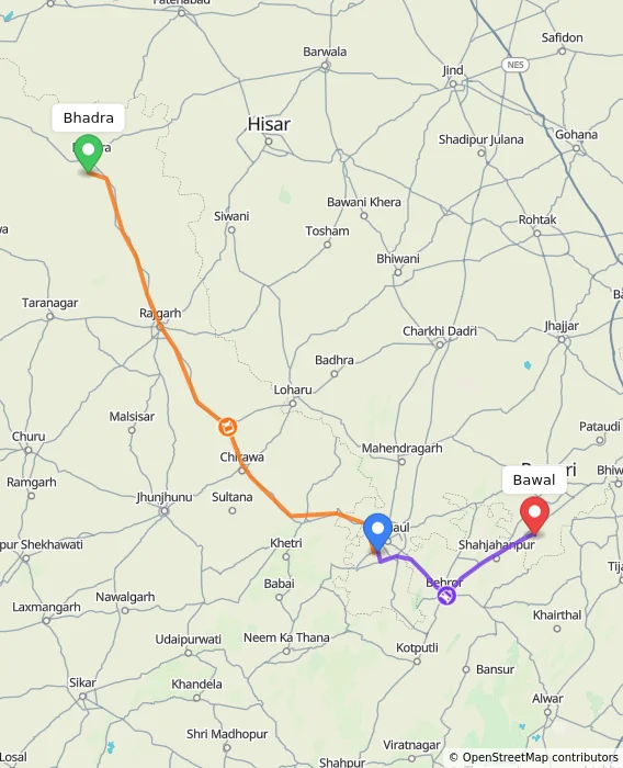 Route map showing distance and travel time from Bhadra, India to Bawal, India