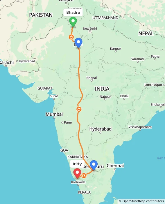Route map showing distance and travel time from Bhadra, India to Iritty, India