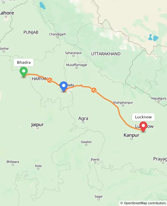 Route map showing distance and travel time from Bhadra, India to Lucknow, India