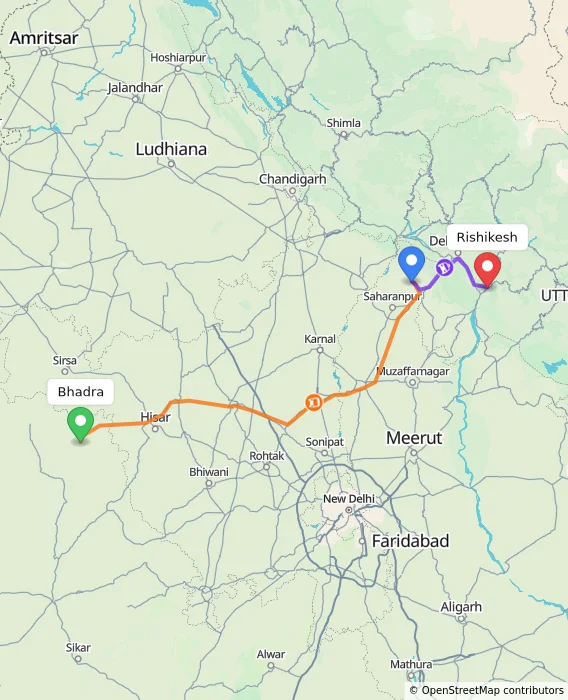 Route map showing distance and travel time from Bhadra, India to Rishikesh, India