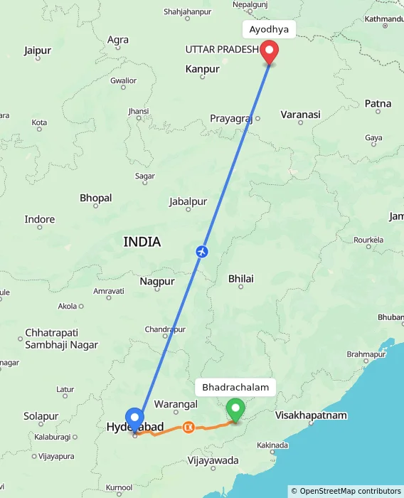 Route map showing distance and travel time from Bhadrachalam, India to Ayodhya, India