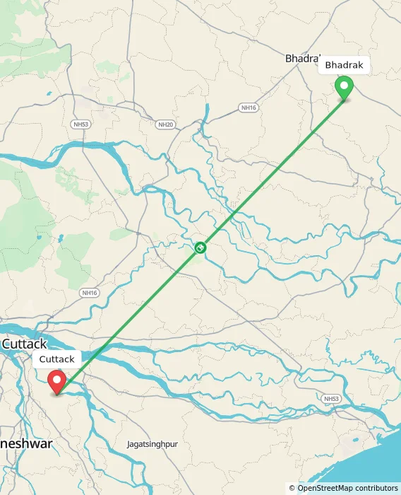 Route map showing distance and travel time from Bhadrak, India to Cuttack, India