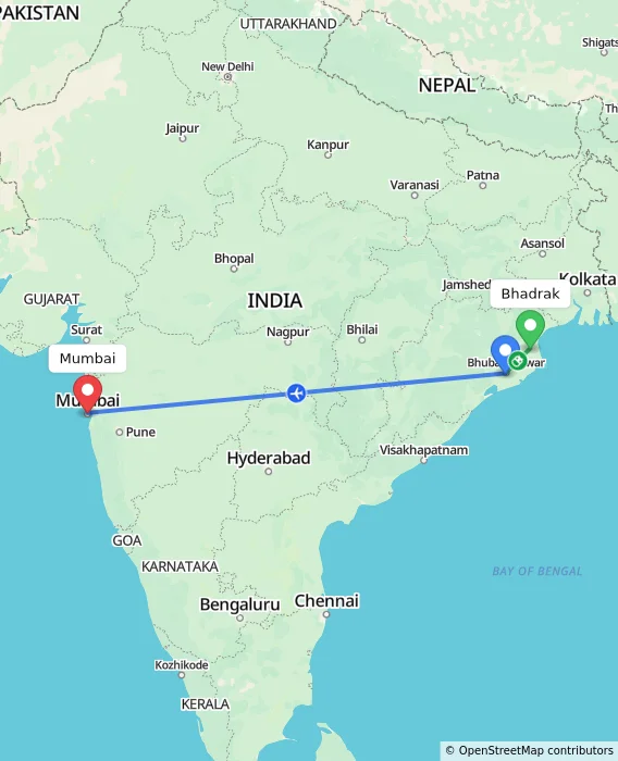 Route map showing distance and travel time from Bhadrak, India to Mumbai, India