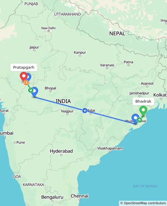 Route map showing distance and travel time from Bhadrak, India to Pratapgarh, India