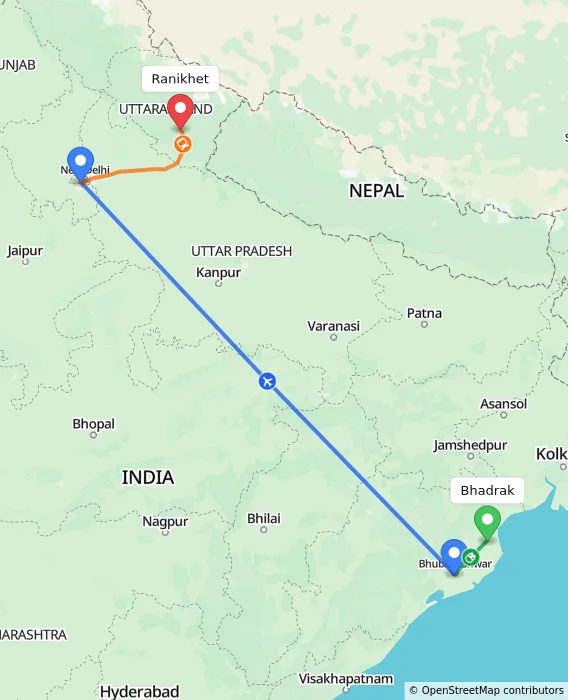 Route map showing distance and travel time from Bhadrak, India to Ranikhet, India