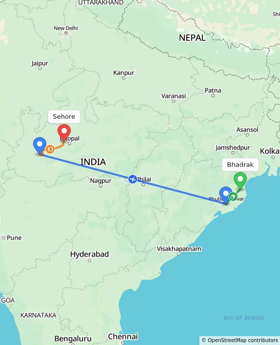 Route map showing distance and travel time from Bhadrak, India to Sehore, India