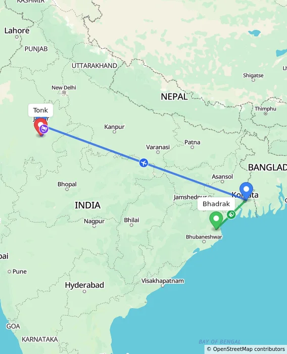 Route map showing distance and travel time from Bhadrak, India to Tonk, India