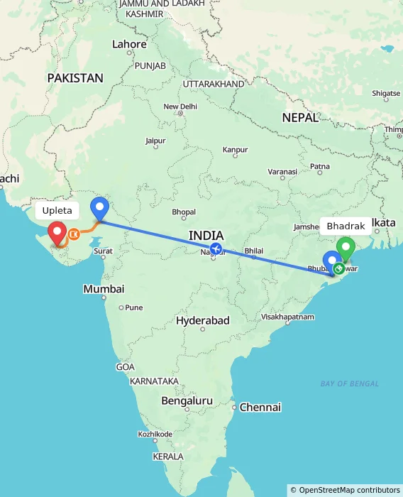 Route map showing distance and travel time from Bhadrak, India to Upleta, India