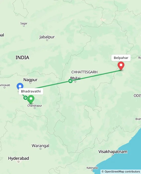 Route map showing distance and travel time from Bhadravathi, India to Belpahar, India