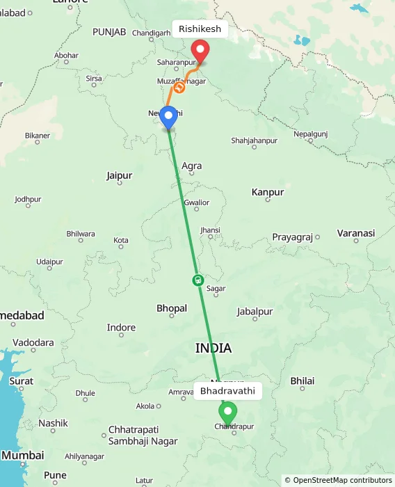Route map showing distance and travel time from Bhadravathi, India to Rishikesh, India