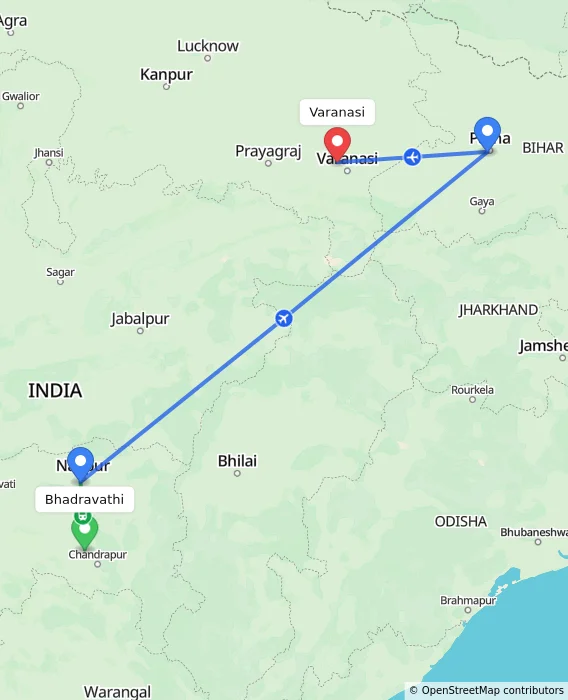 Route map showing distance and travel time from Bhadravathi, India to Varanasi, India