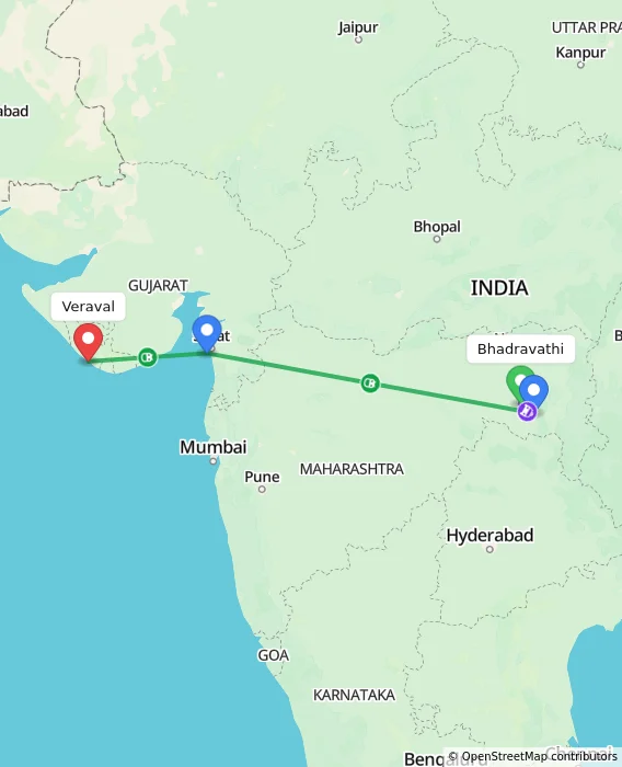 Route map showing distance and travel time from Bhadravathi, India to Veraval, India