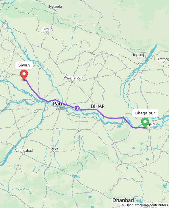 Route map showing distance and travel time from Bhagalpur, India to Siwan, India