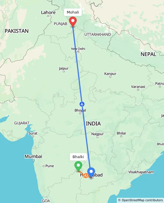 Route map showing distance and travel time from Bhalki, India to Mohali, India