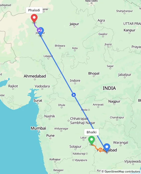 Route map showing distance and travel time from Bhalki, India to Phalodi, India