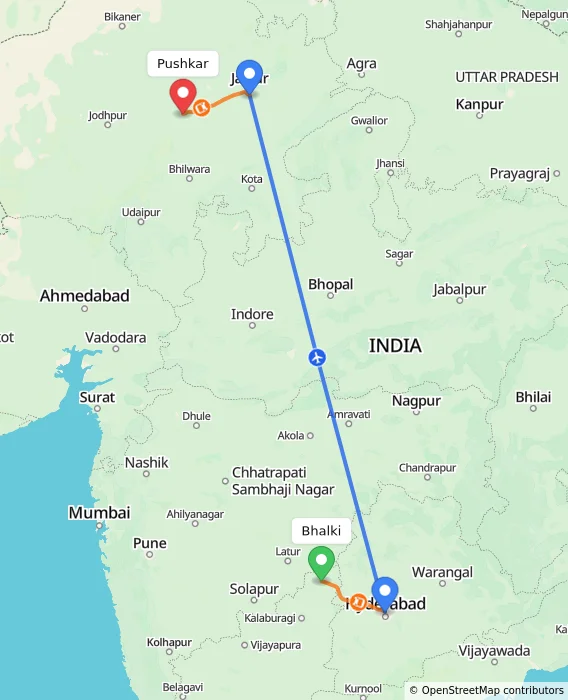 Route map showing distance and travel time from Bhalki, India to Pushkar, India