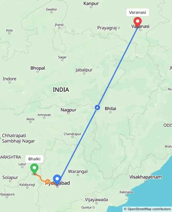 Route map showing distance and travel time from Bhalki, India to Varanasi, India