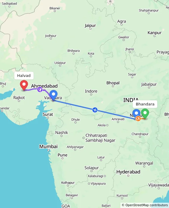 Route map showing distance and travel time from Bhandara, India to Halvad, India