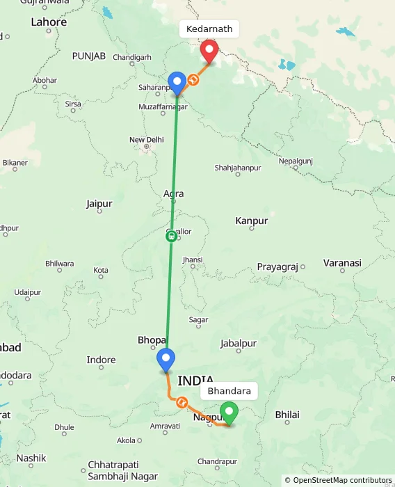 Route map showing distance and travel time from Bhandara, India to Kedarnath, India
