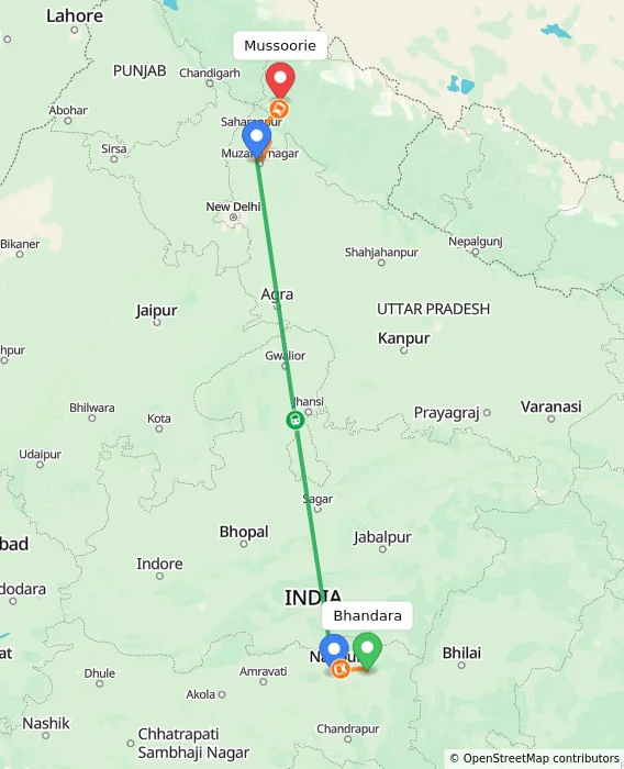 Route map showing distance and travel time from Bhandara, India to Mussoorie, India