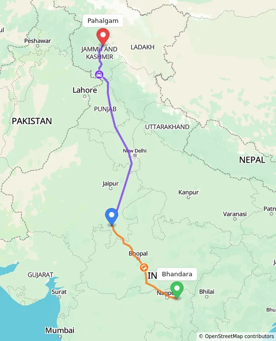 Route map showing distance and travel time from Bhandara, India to Pahalgam, India