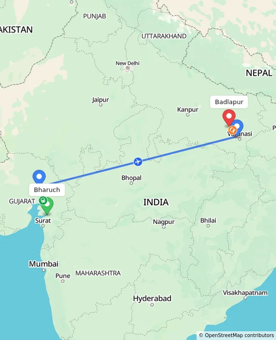 Route map showing distance and travel time from Bharuch, India to Badlapur, India