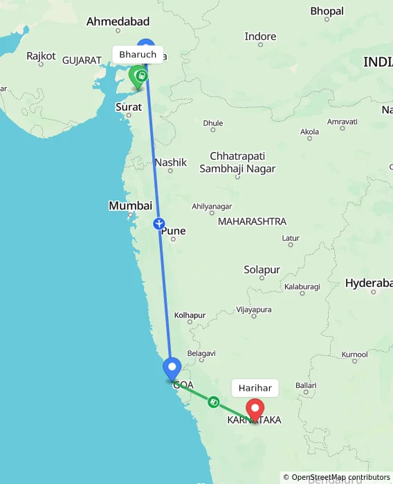 Route map showing distance and travel time from Bharuch, India to Harihar, India