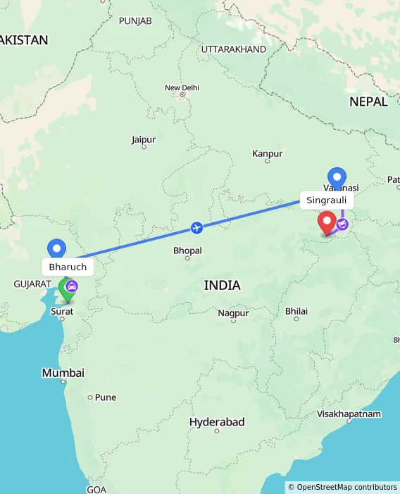Route map showing distance and travel time from Bharuch, India to Singrauli, India