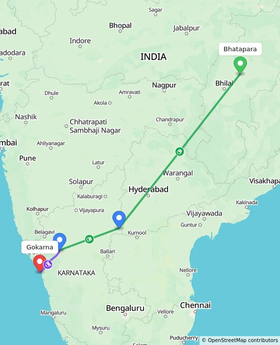 Route map showing distance and travel time from Bhatapara, India to Gokarna, India