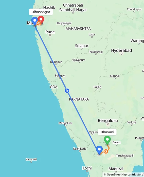 Route map showing distance and travel time from Bhavani, India to Ulhasnagar, India