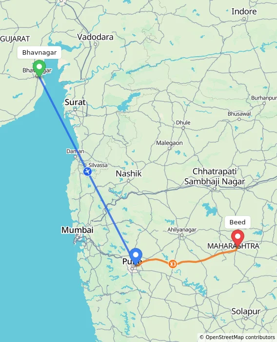 Route map showing distance and travel time from Bhavnagar, India to Beed, India