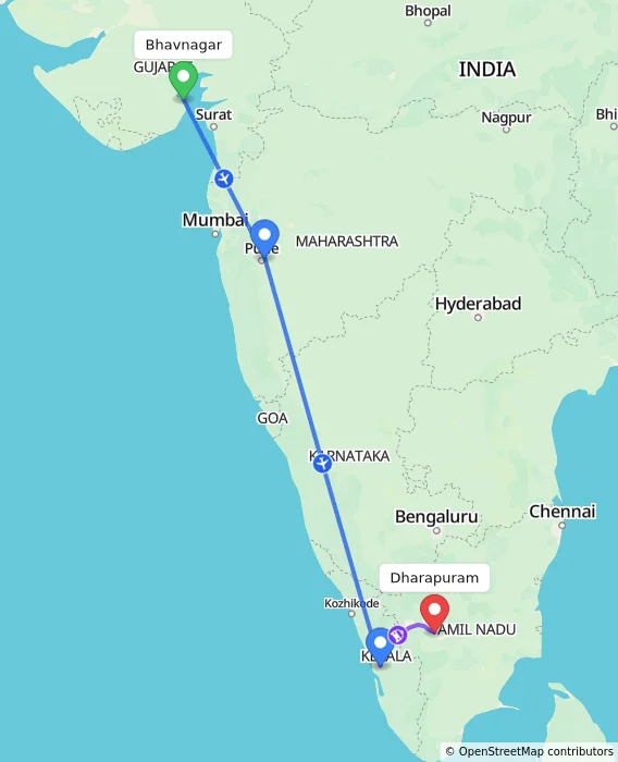 Route map showing distance and travel time from Bhavnagar, India to Dharapuram, India