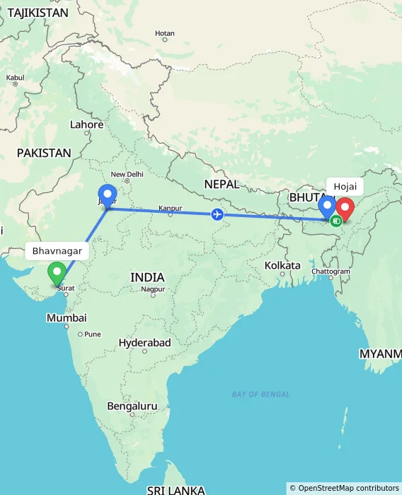 Route map showing distance and travel time from Bhavnagar, India to Hojai, India