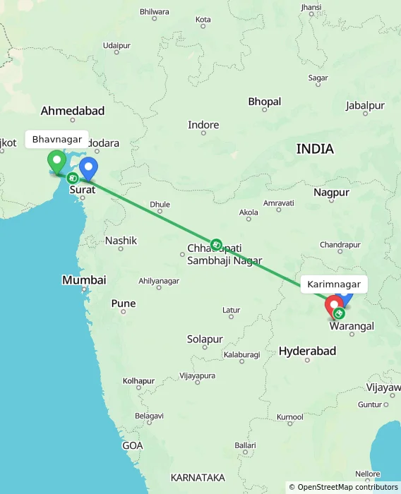 Route map showing distance and travel time from Bhavnagar, India to Karimnagar, India