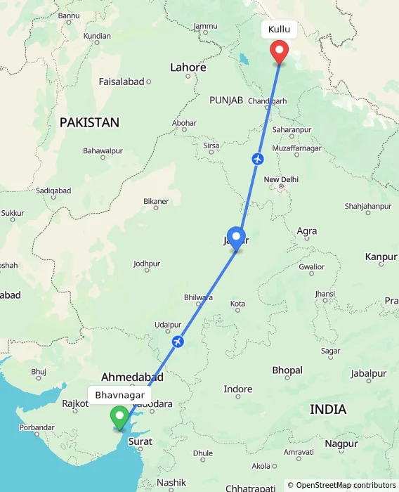 Route map showing distance and travel time from Bhavnagar, India to Kullu, India